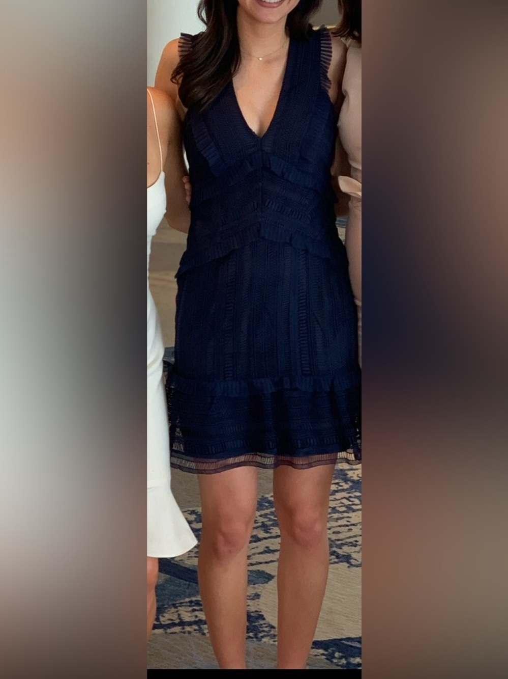Bardot Navy V‑Neck Lace Tiered Mini Dress